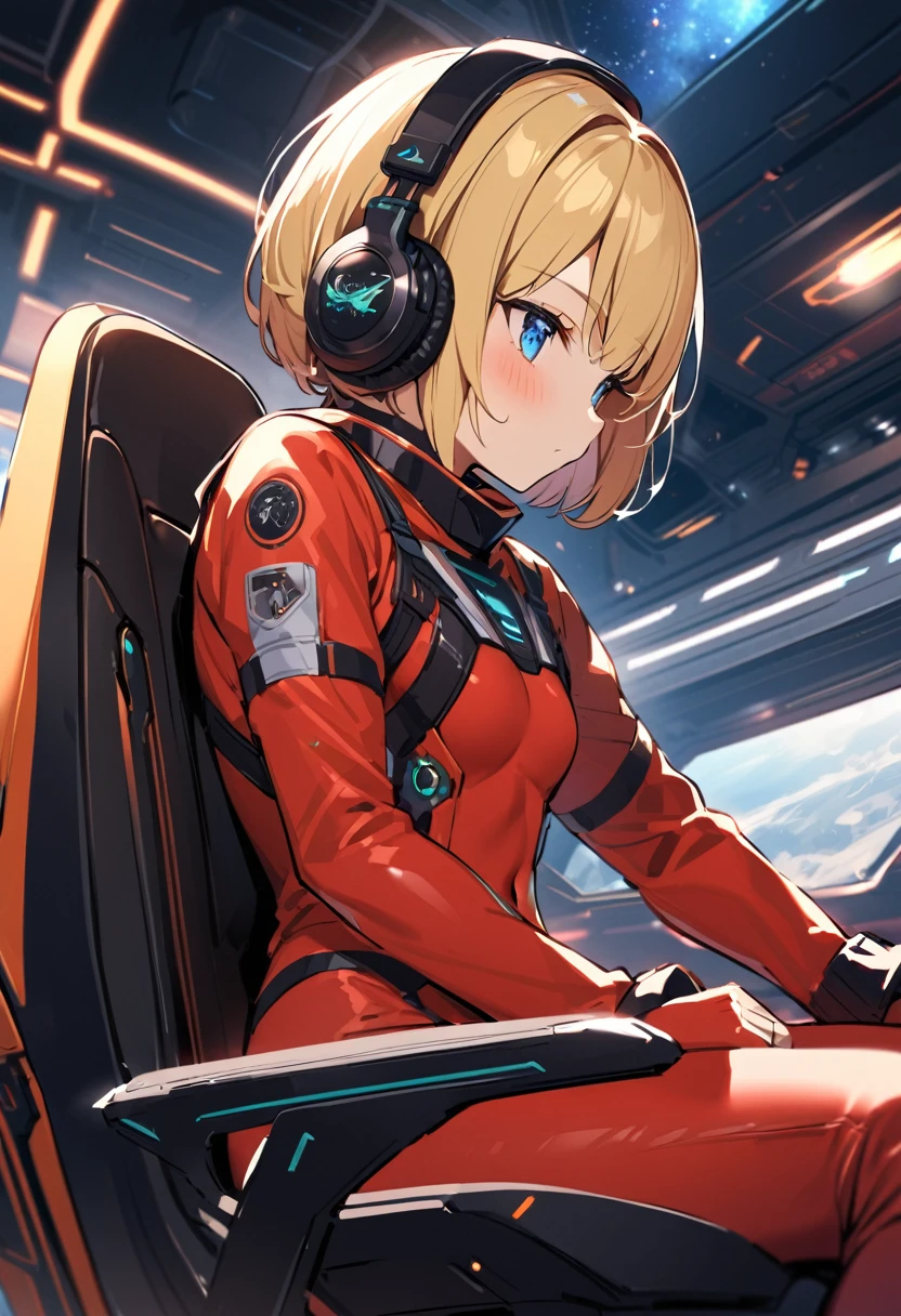 ( short hair, street, Emo, Blonde, Blue Eyes, ,headphone,eyeliner, Apocalypse, , internal (cockpit) of (Futuristic spaceship:1.6), , blush,Sit on a chair, Covered navel, Space Helmet, Mvrów, Space Helm, Plug Suit , Space Helmet, Eva Helm,Red bodysuit, short hair, From the side,Upper Body,close,Looking this way、background moving at high speed、