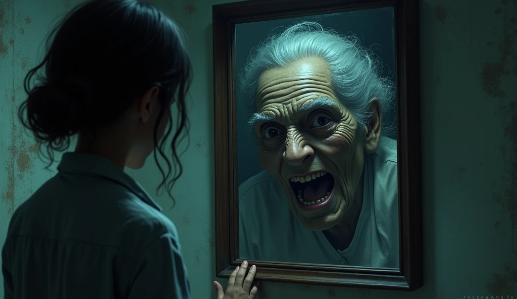 
8. Old Woman Approaching
   - Scene 8: The shadow of the old woman appeared again in the mirror, this time with a more terrifying face. Rina cried in fear, Budi tried to force open the door, but failed. The old woman approached them.
(Teenage Players : Andi and Budi are boys, Rina and Siska are girls)