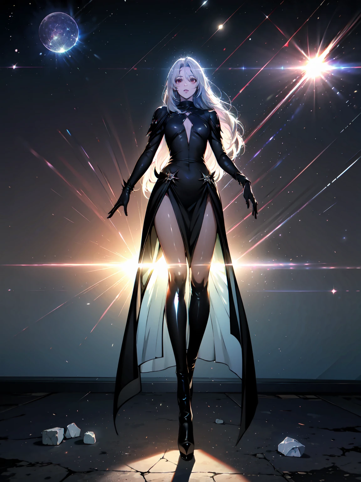 Girl with long white hair down to her waist, with small red details, red eyes, long black dress with a leg slit, with red details, long black boots up to below the knees, white skin, the ground around her is cracking and small stones are floating around her surrounded by a black aura, she is surrounded by shadows, and the background is dark like the night with the universe and stars, her presence causes fear, her shadow appears to be a monster, 8k, high quality, full body, (ultra-realistic), {extremely detailed 8k CG unit wallpaper}, expansive landscape photograph, (light: 2.0), (warm light source: 1.5), complex details, (iridescent colors: 1.5), (bright lighting), (atmospheric lighting), surreal, impressive, fantasy, (Solo: 1.2), White moon