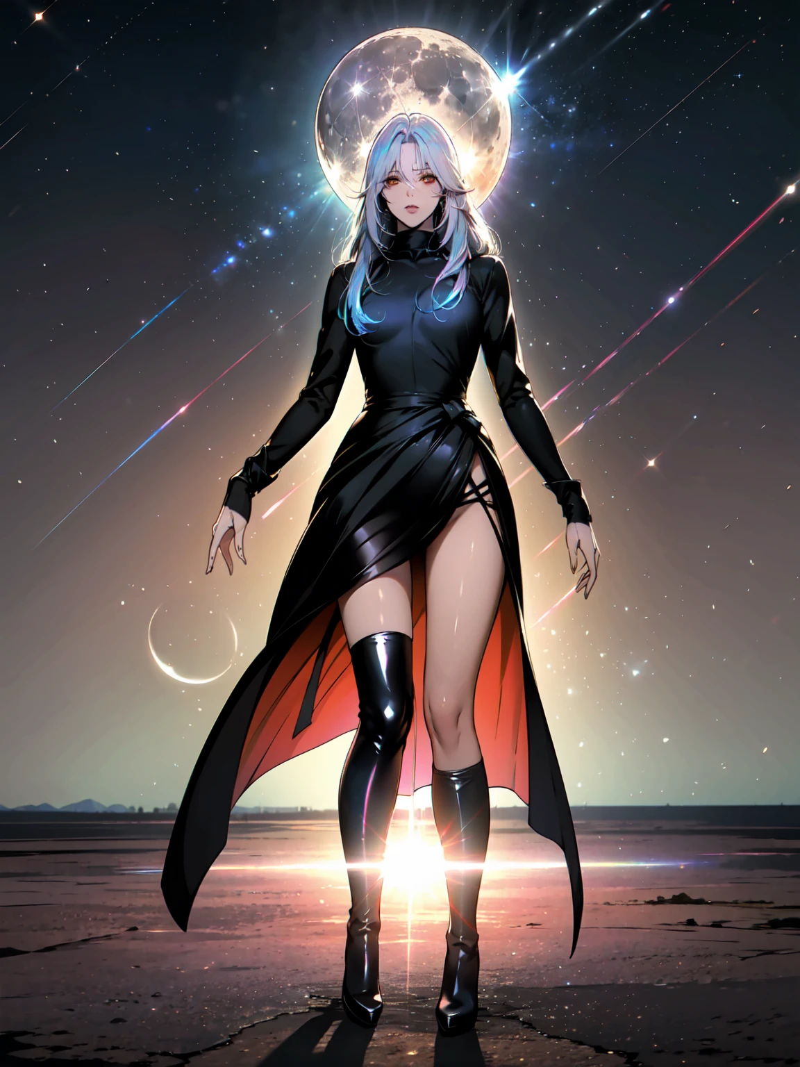 Girl with long white hair down to her waist, with small red details, red eyes, long black dress with a leg slit, with red details, long black boots up to below the knees, white skin, the ground around her is cracking and small stones are floating around her surrounded by a black aura, she is surrounded by shadows, and the background is dark like the night with the universe and stars, her presence causes fear, her shadow appears to be a monster, 8k, high quality, full body, (ultra-realistic), {extremely detailed 8k CG unit wallpaper}, expansive landscape photograph, (light: 2.0), (warm light source: 1.5), complex details, (iridescent colors: 1.5), (bright lighting), (atmospheric lighting), surreal, impressive, fantasy, (Solo: 1.2), White moon