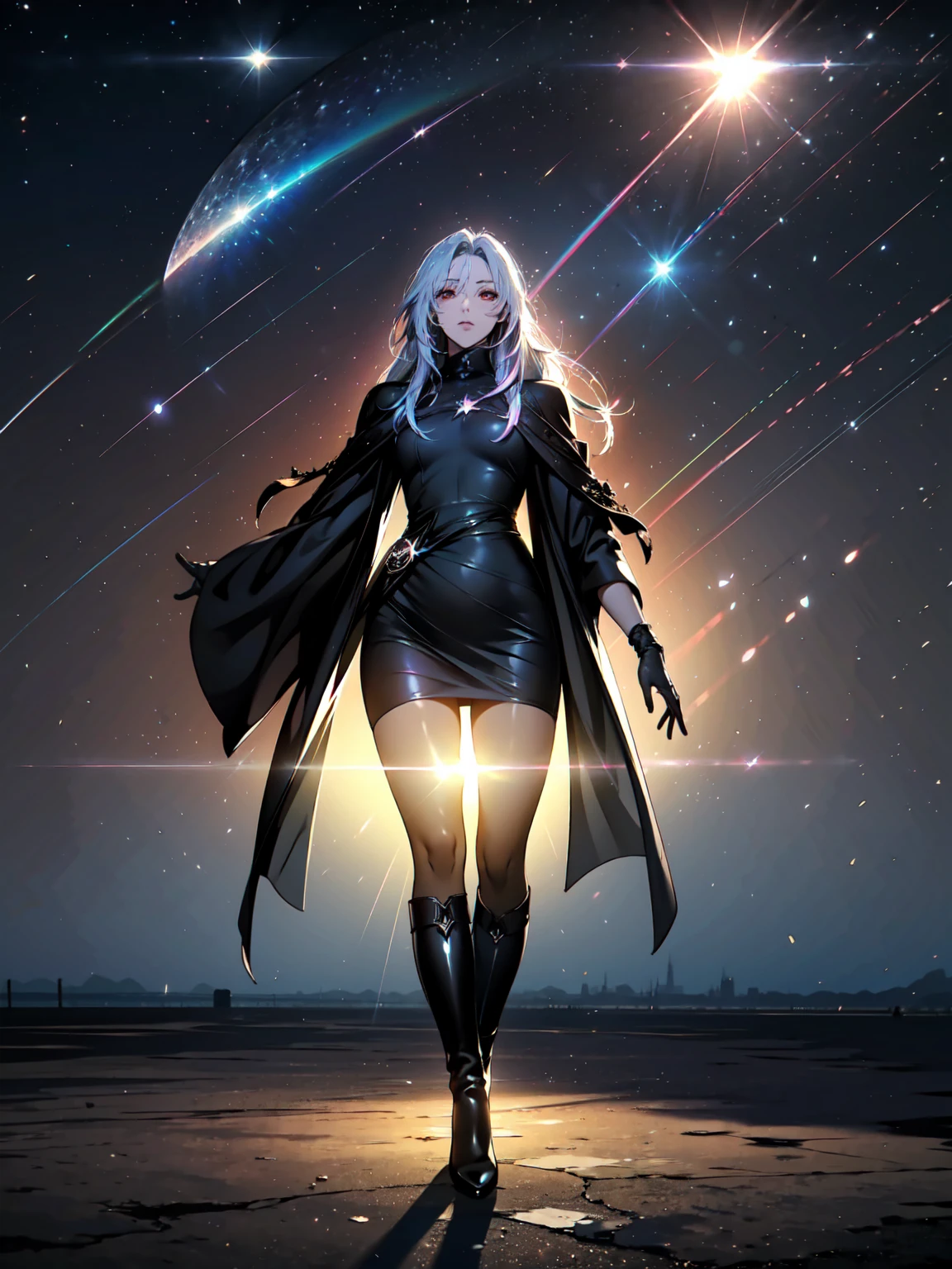 Girl with long white hair down to her waist, with small red details, red eyes, long black dress with a leg slit, with red details, long black boots up to below the knees, white skin, the ground around her is cracking and small stones are floating around her surrounded by a black aura, she is surrounded by shadows, and the background is dark like the night with the universe and stars, her presence causes fear, her shadow appears to be a monster, 8k, high quality, full body, (ultra-realistic), {extremely detailed 8k CG unit wallpaper}, expansive landscape photograph, (light: 2.0), (warm light source: 1.5), complex details, (iridescent colors: 1.5), (bright lighting), (atmospheric lighting), surreal, impressive, fantasy, (Solo: 1.2), White moon