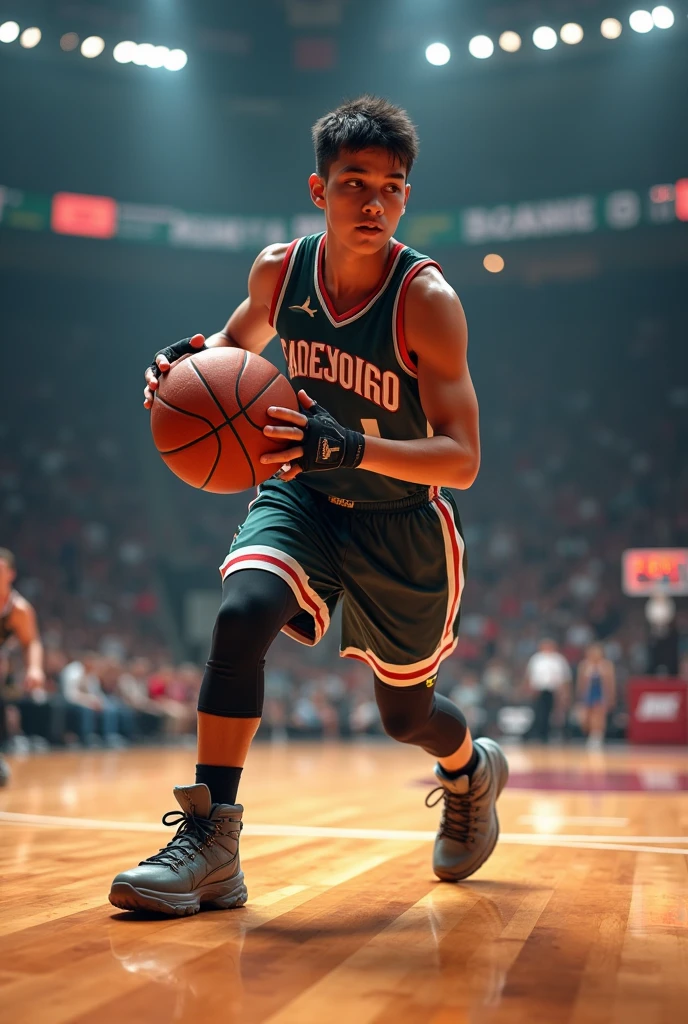 16 year old mexican basketball player wearing fingerless gloves and hiking boots