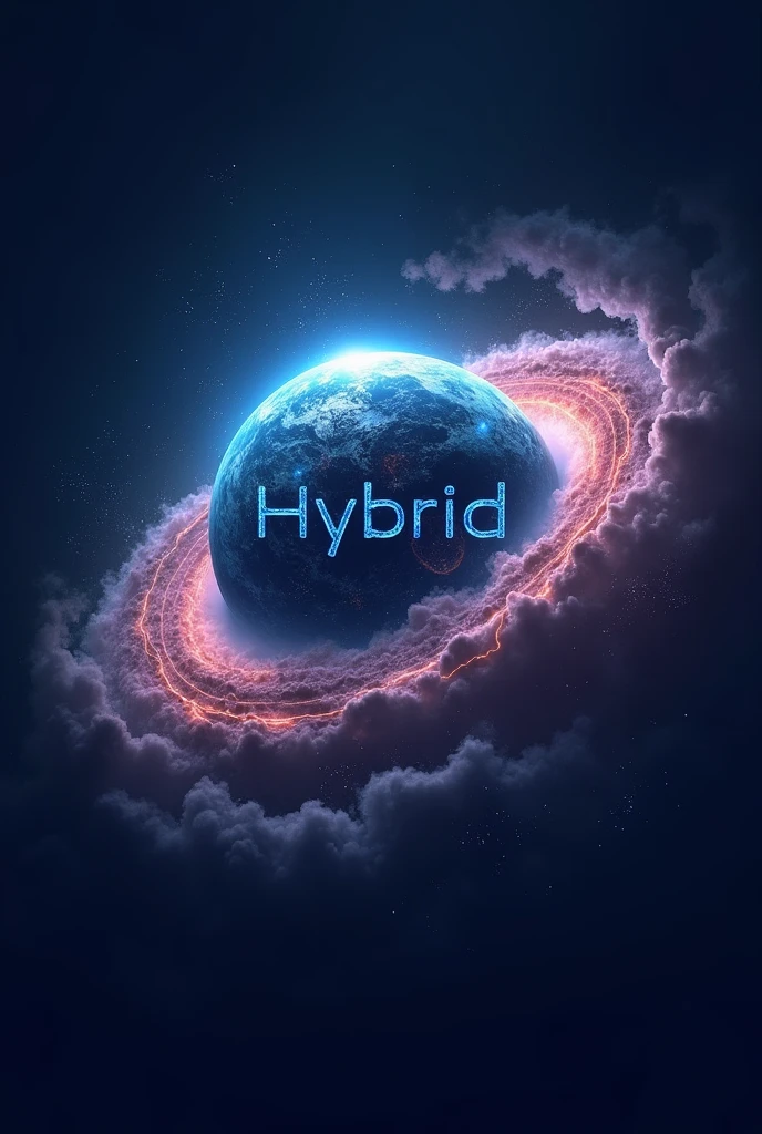 Create an abstract logo for a mobile app development team specializing in space-themed hybrid apps. Imagine a nebula swirling around a planet, with the word "Hybrid" written in a cosmic font. The logo should evoke a sense of mystery and innovation.
