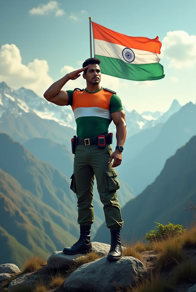 A men saluting With a background of indian flag and himalayas showing his body, he goes to gym age, around twenty five, showing his body