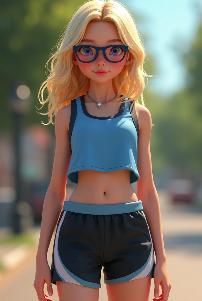 Realistic, outside, white girl, neck length blonde hair, blue crop top, black sport butt shorts, blueish purple glasses,