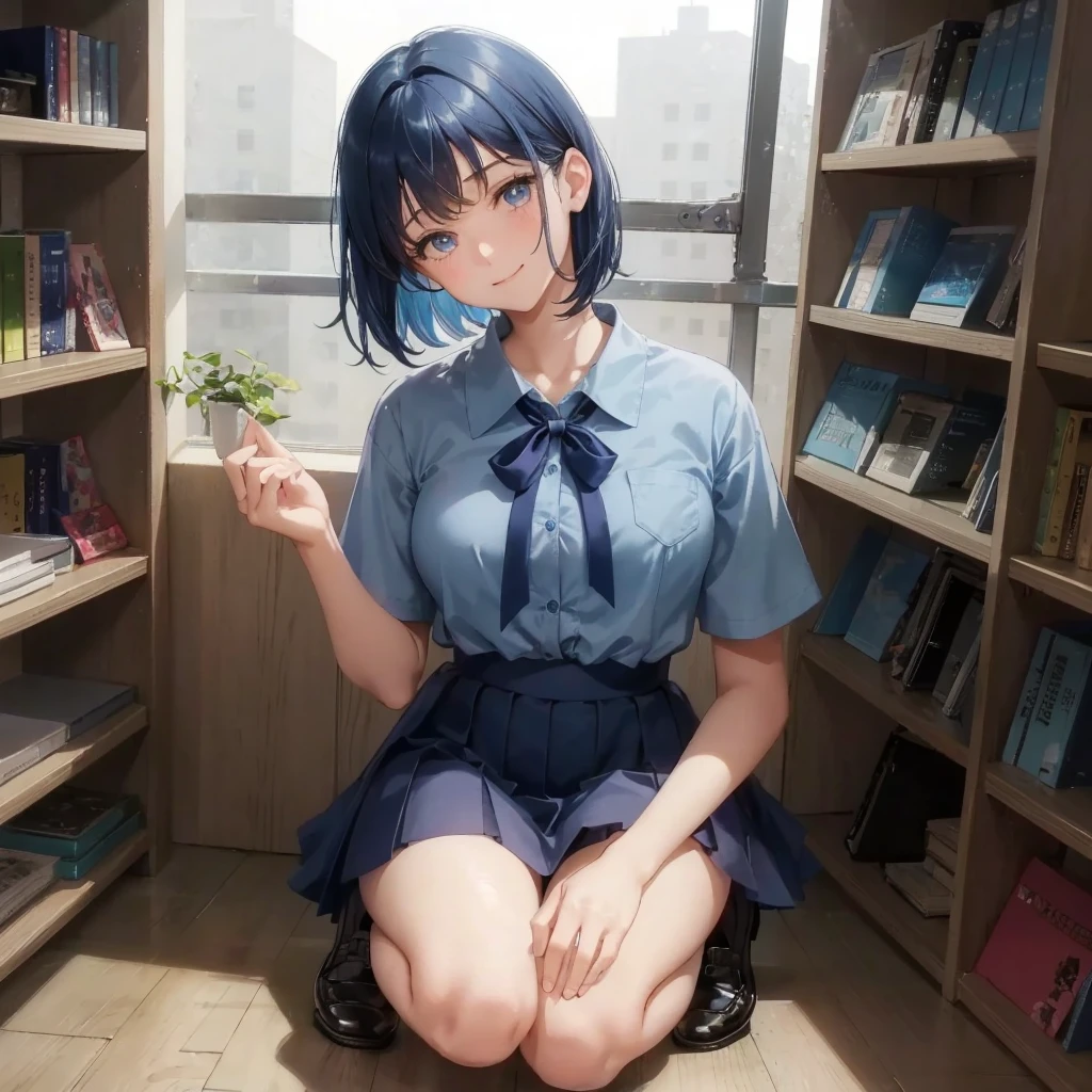 1. High school girl　-yeld fee　Bobcut　dark blue hair color　High School Uniform　Light blue Y-shirt　Short sleeve　Blue Ribbon　dark blue hair color　Slim figure　Large Breasts　Full body portrait　School library　Smiling Kindly　Laugh a little　library　Hand Signs　squat　Kneel　Look up here　