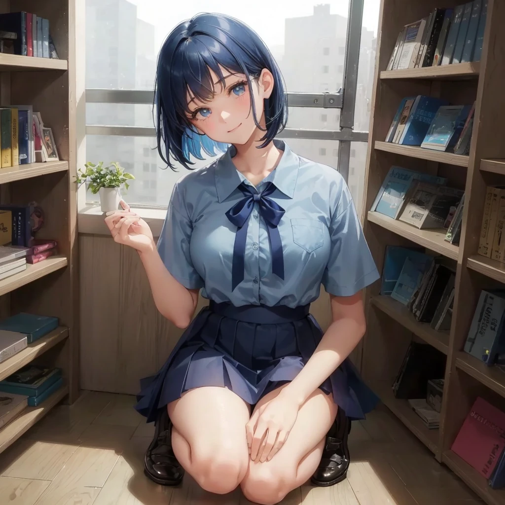 1. High school girl　17-year-old female　Bobcut　dark blue hair color　High School Uniform　Light blue Y-shirt　Short sleeve　Blue Ribbon　dark blue hair color　Slim figure　Large Breasts　Full body portrait　School library　Smiling Kindly　Laugh a little　library　Hand Signs　squat　Kneel　Look up here　