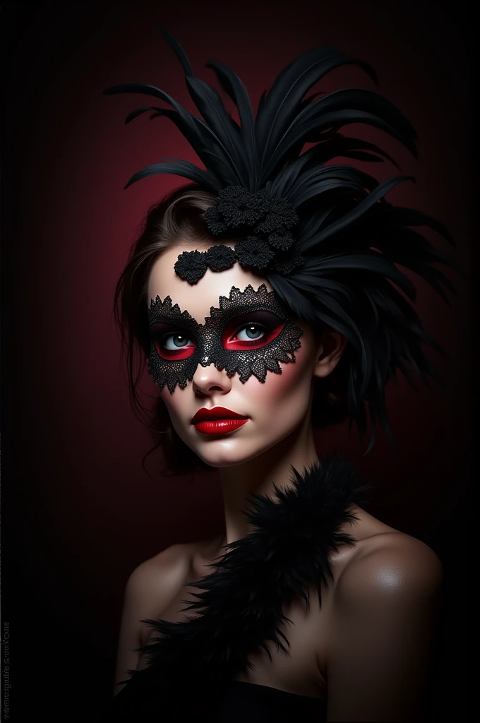 Cabaret woman logo with feathers on her head and a black lace mask