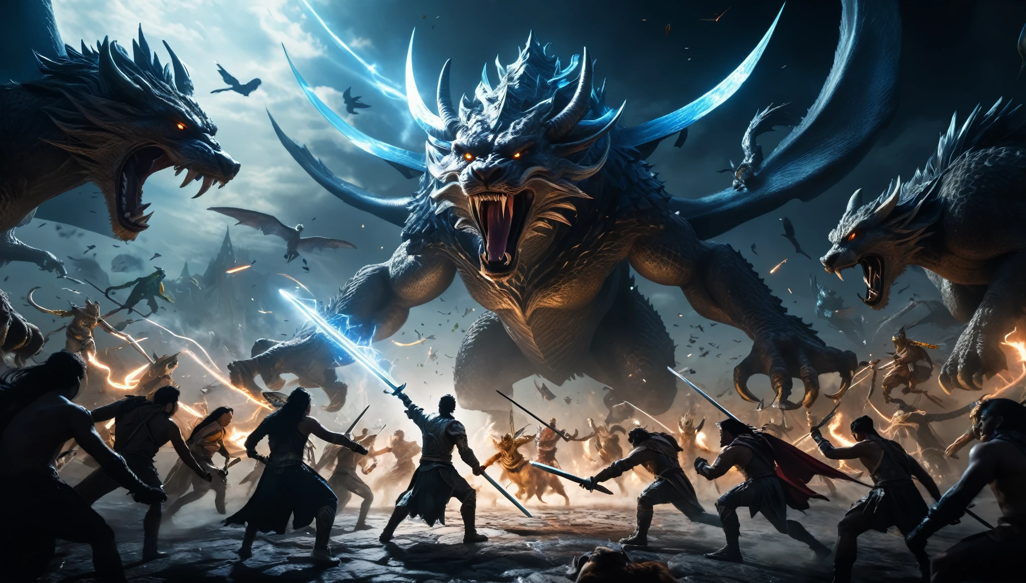 Prompt #2:
An epic battle scene in a different world, the hero at the center wielding a sword that glows with an ethereal light, surrounded by fantastical beasts and allies, mid-action, high tension, Canon EOS R8, wide angle lens dark space