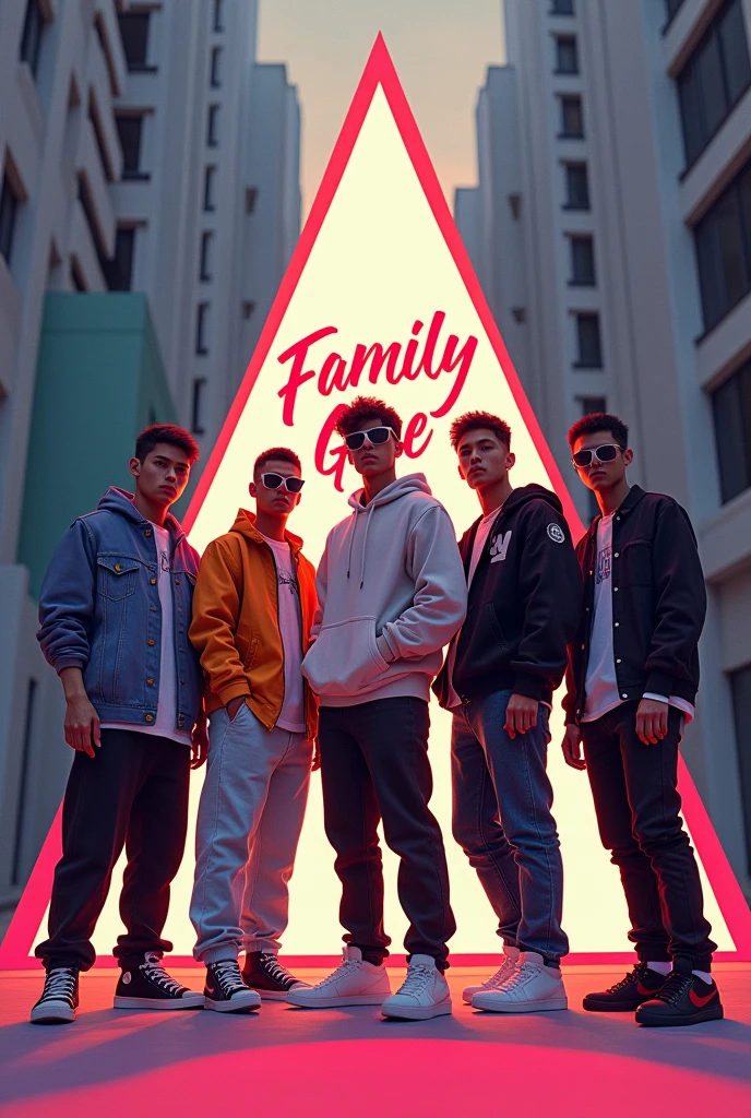 A group of 5 young white males wearing hip hop clothing, behind them a triangle with an illusion effect and inside the triangle written "Family Gve".