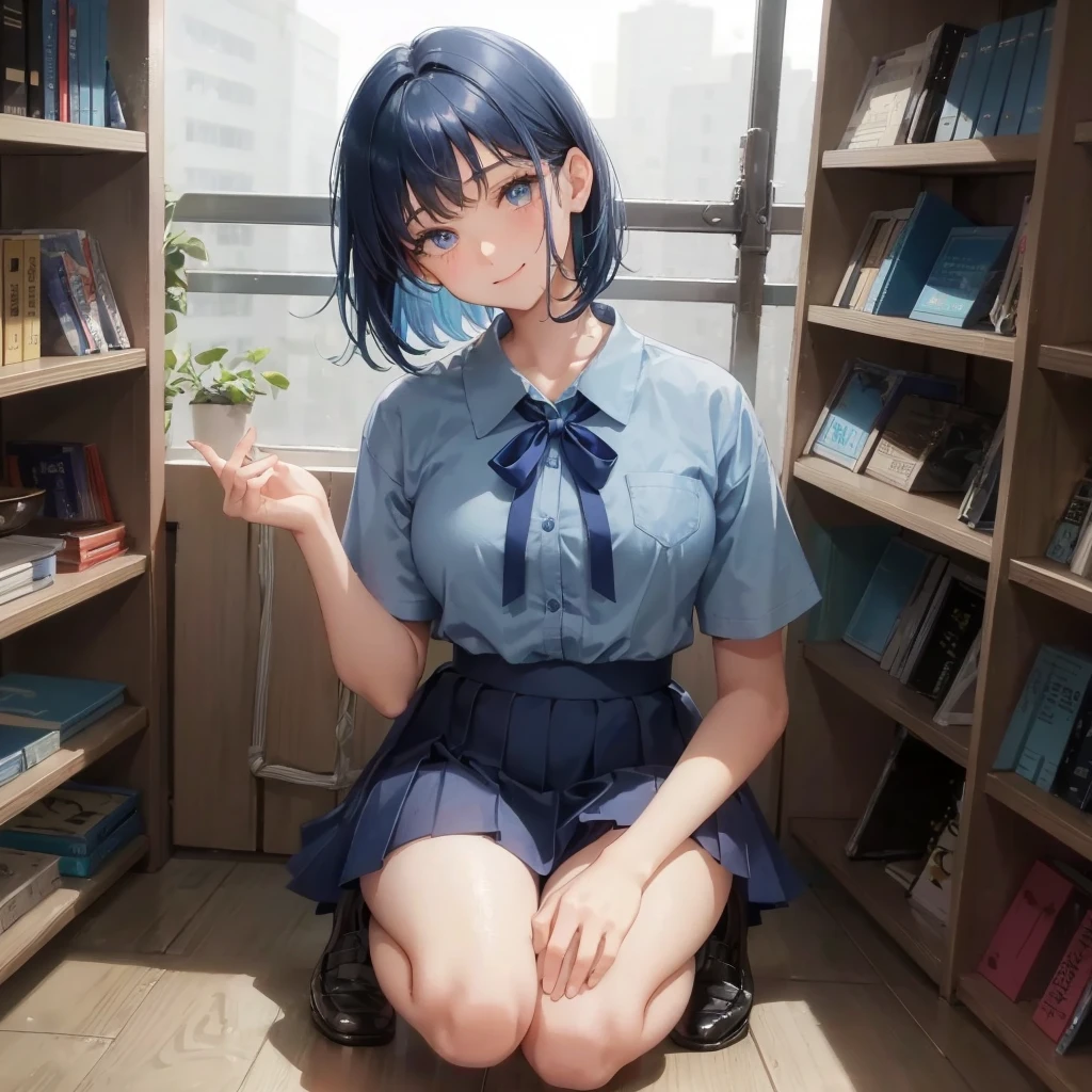 1. High school girl 17-year-old female Bobcut dark blue hair color High School Uniform Light blue Y-shirt Short sleeve Blue Ribbon dark blue hair color Slim figure Large Breasts Full body portrait School library Smiling Kindly Laugh a little library Hand Signs squat Kneel Look up here