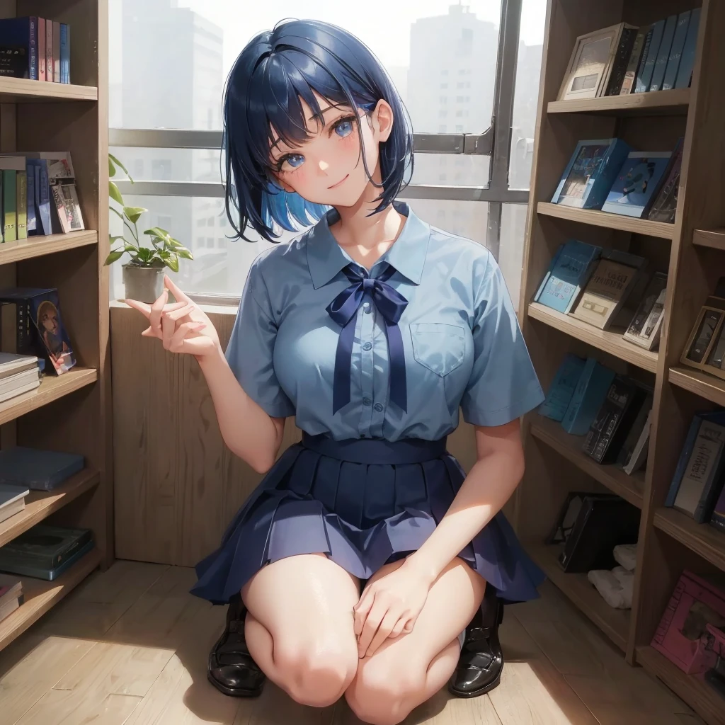 1. High school girl 17-year-old female Bobcut dark blue hair color High School Uniform Light blue Y-shirt Short sleeve Blue Ribbon dark blue hair color Slim figure Large Breasts Full body portrait School library Smiling Kindly Laugh a little library Hand Signs squat Kneel Look up here