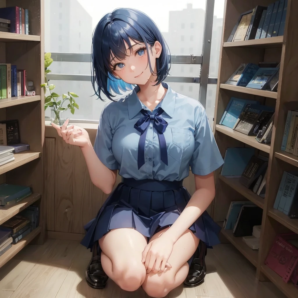 1. High school girl -yeld fee Bobcut dark blue hair color High School Uniform Light blue Y-shirt Short sleeve Blue Ribbon dark blue hair color Slim figure Large Breasts Full body portrait School library Smiling Kindly Laugh a little library Hand Signs squat Kneel Look up here