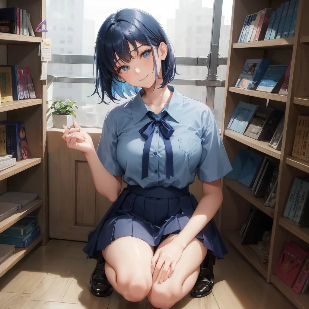 1. High school girl　17-year-old female　Bobcut　dark blue hair color　High School Uniform　Light blue Y-shirt　Short sleeve　Blue Ribbon　dark blue hair color　Slim figure　Large Breasts　Full body portrait　School library　Smiling Kindly　Laugh a little　library　Hand Signs　squat　Kneel　Look up here　