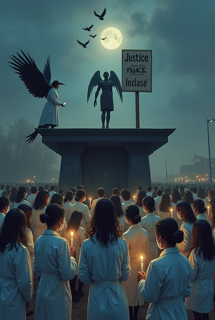 Thousands of women wearing a white doctor's coat , blue to white mask in their mouth, holding candle in their hand, a big justice board written justice served is kept near them.The place where hanging is taking place is high and the jailor is hanging the criminal their. The women are sitting and watching from down. The sky is sunset to night. 4 crows are flying in the sky. A with wings and wearing a white doctor coat is watching and smiling. The background is foggy. Potrait illustration, colour pencil art, high contrast.