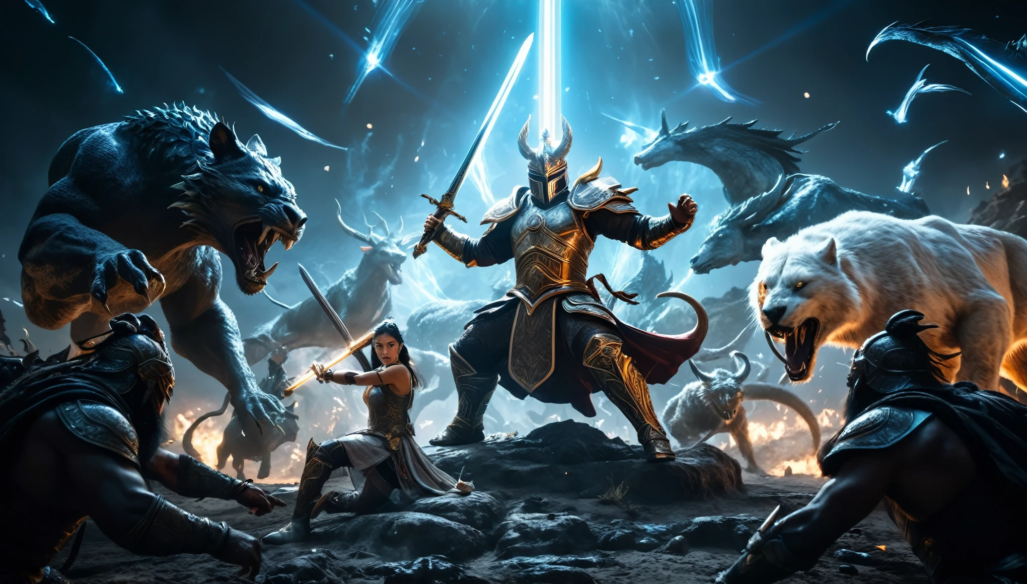 Prompt #2:
An epic battle scene in a different world, the hero at the center wielding a sword that glows with an ethereal light, surrounded by fantastical beasts and allies, mid-action, high tension, Canon EOS R8, wide angle lens dark space
