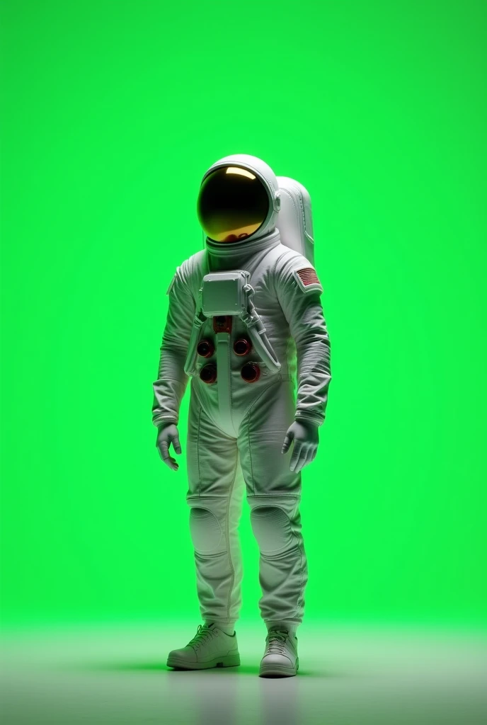 The astronaut stands against a green screen background.