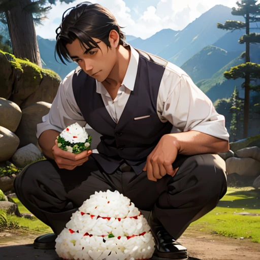 A man holding onigiri