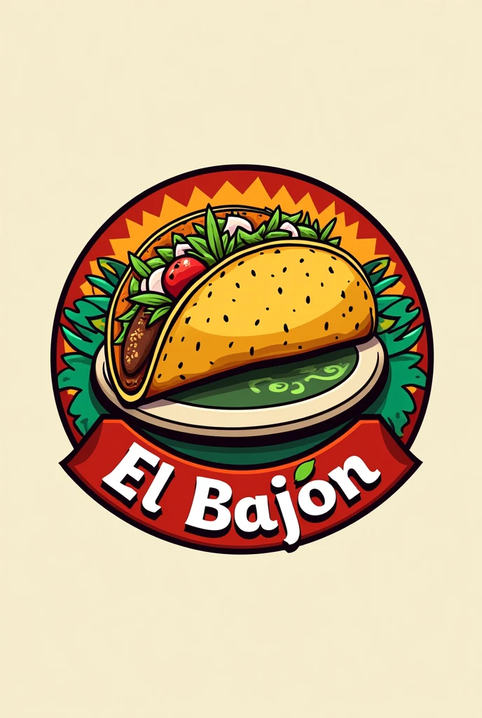 Taco stand logo called 'el bajón' with red colors, oranges, yellow and green
