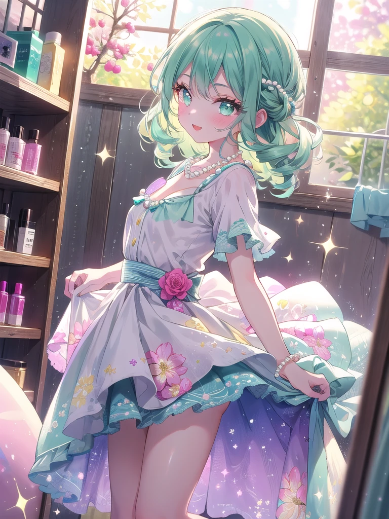 ((8k, Highest quality, masterpiece: 1.3)),Ultra-high resolution,(1 girl, alone), (Color changing eyes, Ultra-detailed, Expressive brilliance, Glitter, Glowing Eyes), Highly detailed eyes, Highly detailed face, Random Hair, ((pastel colour)),A joyful young woman with pastel mint-green hair styled into bouncy curls, standing by her closet in her softly lit bedroom during a bright afternoon. She is dressed in a cute yet subtly sexy 1950s housewife cosplay, wearing a knee-length floral dress with a fitted waist and a simple pearl necklace. The camera captures her from a side angle as she cheerfully picks out an outfit, her expression lively and content. The room is filled with warm, natural light, with neatly organized clothes, a small vanity with various cosmetics, and a cheerful, pastel color scheme creating an inviting and vibrant atmosphere,(nsfw:1.3)