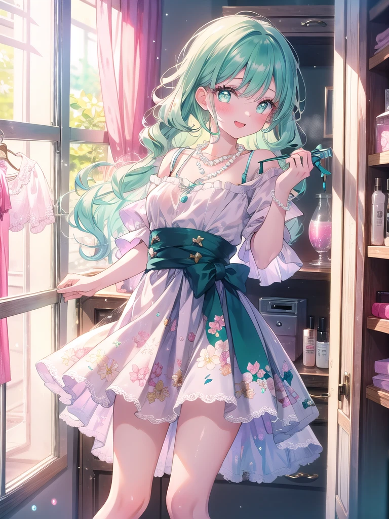 ((8k, Highest quality, masterpiece: 1.3)),Ultra-high resolution,(1 girl, alone), (Color changing eyes, Ultra-detailed, Expressive brilliance, Glitter, Glowing Eyes), Highly detailed eyes, Highly detailed face, Random Hair, ((pastel colour)),A joyful young woman with pastel mint-green hair styled into bouncy curls, standing by her closet in her softly lit bedroom during a bright afternoon. She is dressed in a cute yet subtly sexy 1950s housewife cosplay, wearing a knee-length floral dress with a fitted waist and a simple pearl necklace. The camera captures her from a side angle as she cheerfully picks out an outfit, her expression lively and content. The room is filled with warm, natural light, with neatly organized clothes, a small vanity with various cosmetics, and a cheerful, pastel color scheme creating an inviting and vibrant atmosphere,(nsfw:1.3)