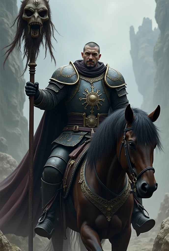 Make an RPG style cleric wearing heavy dark armor and having the black sun symbol on it, He has bowl cut hair and a trucker mustache, I want him riding a horse holding a spear with the black sun flag and at the tip of the spear is the enemy's head
