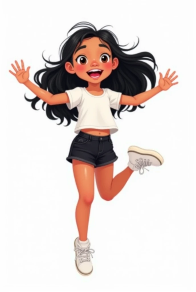 illustration of an avatar of an 8 year old Latino girl named lucy with long black beautiful hair ,wearing a white top and black shorts with white sneakers ,plain white background, isolated on white, jumping 

