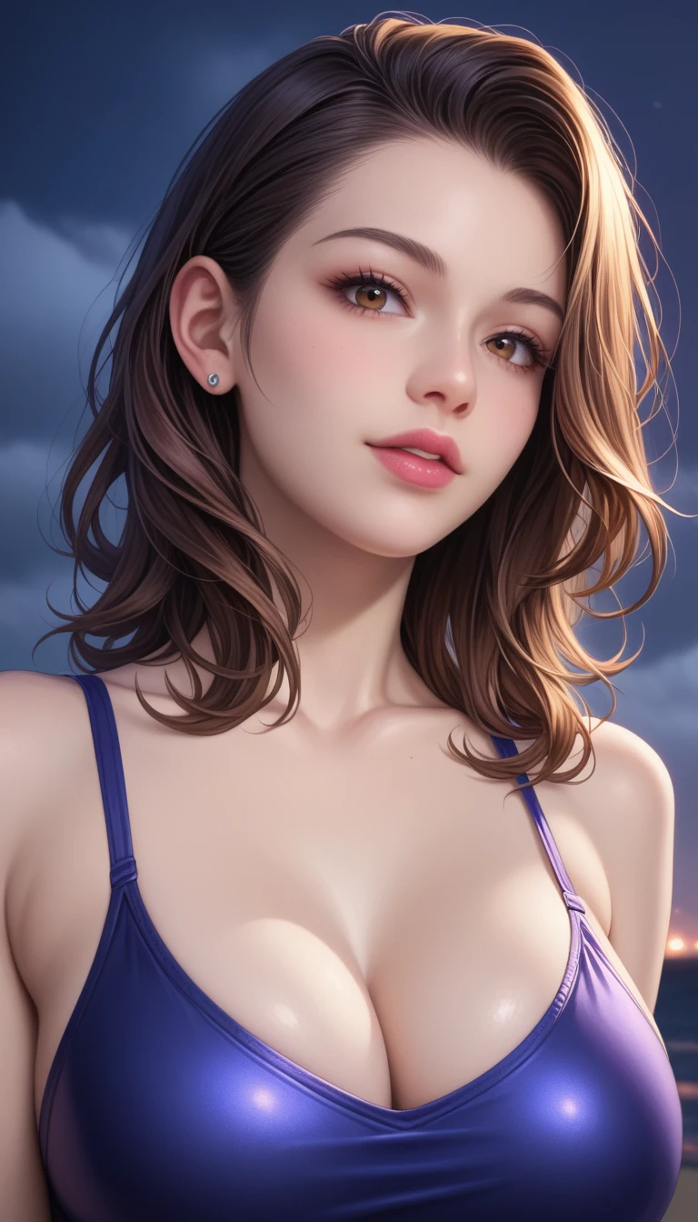score_9, score_8_superior, score_7_superior, High resolution 3D anime style,A masterpiece in 32K resolution,Highest quality,it is really amazing,Very detailed,Ultra-high resolution,Ultra-realistic,Realistic,Increased depth of field,Cinematic lighting,
(Sexy mature Japan woman:1.1),
black straight medium hair,Ultra-detailed and beautiful face,Calm and gentle look,Beautiful brown eyes,Translucent white skin,Realistic skin texture,Great proportions,
Elegant high leg swimsuit,
Bold design,Chic color scheme,Detailed fabric texture,
(Dark overcast sky on a dull night:1.1),(Dark clouds filling the sky:1),(Thundercloud:1),Coastline at night,Stormy seas,(delay々A desolate sandy beach that continues:1),
Cinematic Angle,