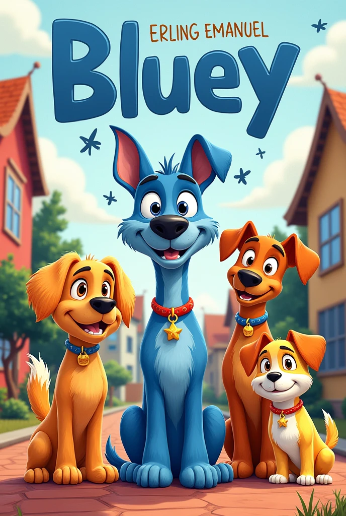 Make a cover with the name ERLING EMANUEL HERNÁNDEZ , 1st grade and put a drawing of Bluey and her friends