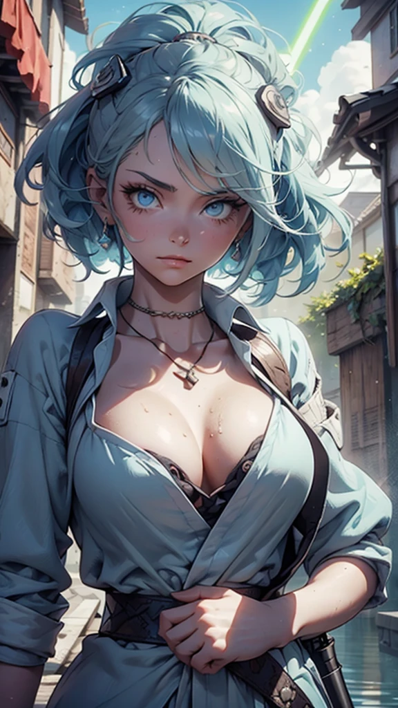 jedi, lightsaber, fair robes, flegs, foreigner, curvey, Seriously, lightsaber azul, (best qualityer)+, work of art+Blue hair length to mid back, with a necklace and a blue and white dress, a halo of water over the head, visible scales on the body and face, NSFW,ultra-realistic skin,pose, pose,template sheet, 3D style, sexly