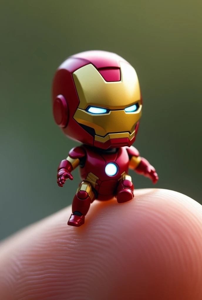 photorrealistic, 8k, Micro Tiny  [iron man] perched on a human finger