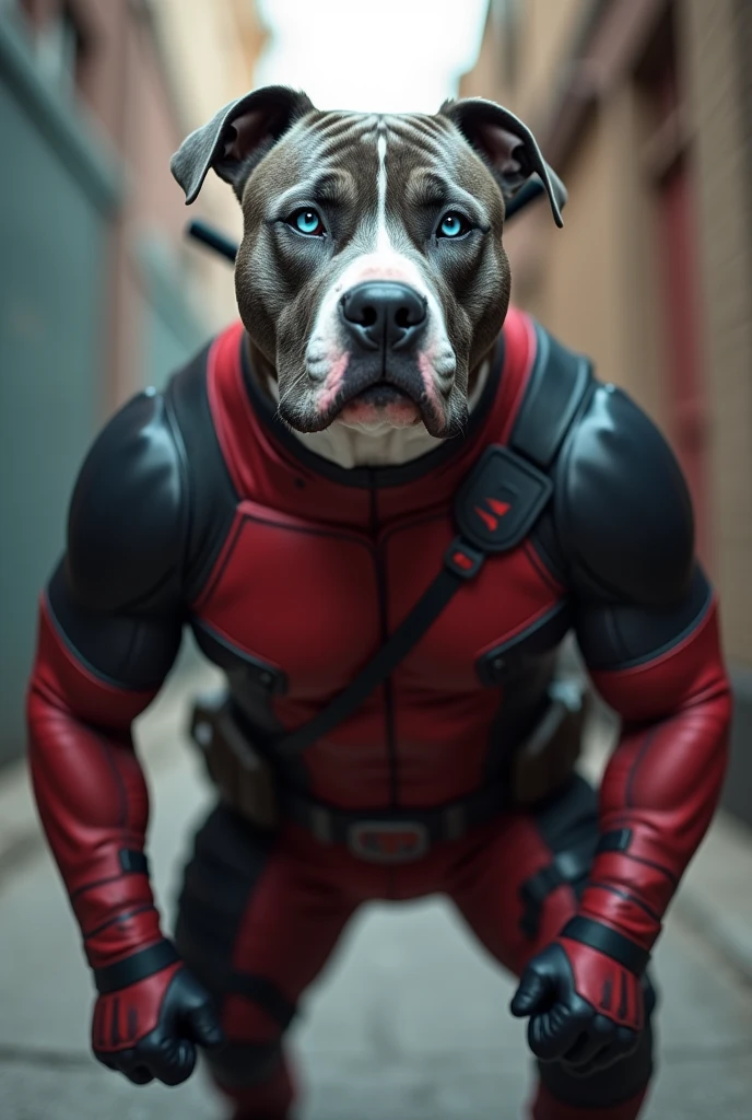 Blue-eyed pitbull with gray and white fur dressed as Deadpool