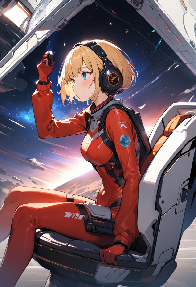 ( short hair, street, Emo, Blonde, Blue Eyes, ,headphone,eyeliner, Apocalypse, , internal (cockpit) of (Futuristic spaceship:1.6), , blush,Sit on a chair, Covered navel, Space Helmet, Mvrów, Space Helm, Plug Suit , Space Helmet, Eva Helm,Red bodysuit, short hair, From the side,Upper Body,close,Looking this way、background moving at high speed、