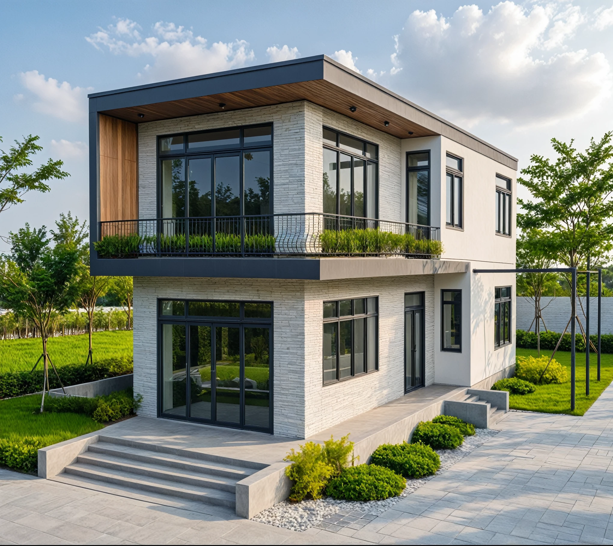 Raw photo, masterpiece, high quality, best quality, realistic, super detailed, outdoor, 2 story house, modern townhouse style, (white wall), wooden ceiling, curved wall facade, door aluminum and glass, luxury furniture, curved planters, natural stone walls, roads, sidewalks, grass, trees, sky, clouds, (daylight):1.1)
