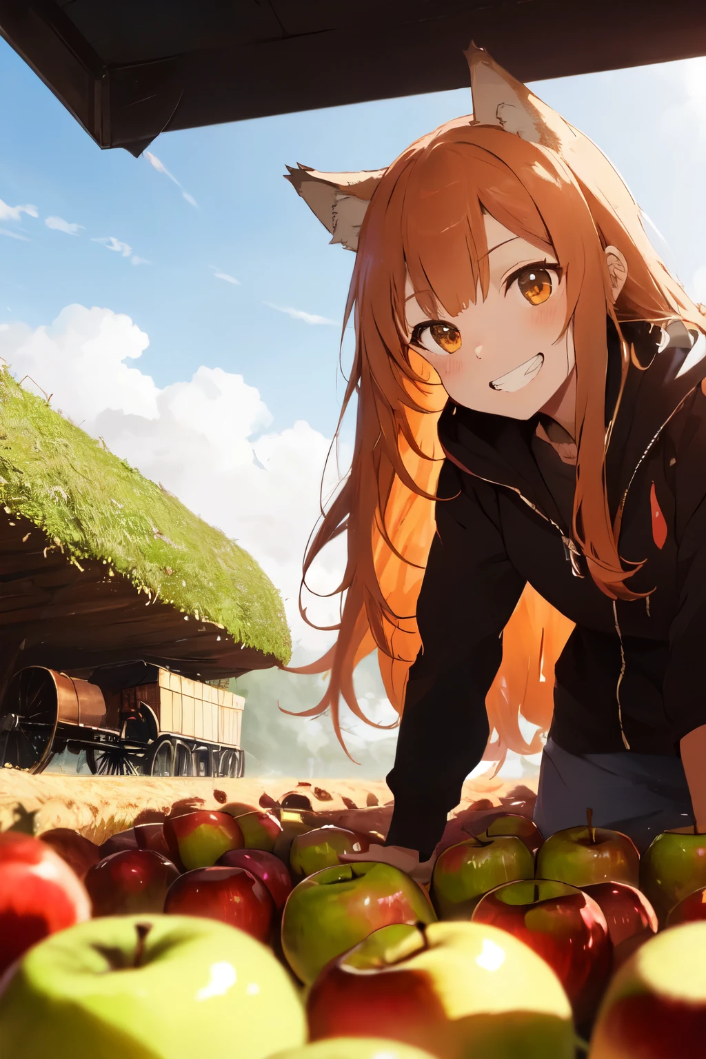 (best quality:1.2), (ultra detailed:1.2), ultra high resolusion, highres,8k, Country roads, wheat fields, hoodless horse-drawn carriage, "Spice and Wolf", Holo lying on a heap of apples piled up on a loading platform, grin, orange hair, long hair, wolf ears, bushy wolf tail, afternoon, and a little apple left with only a core,