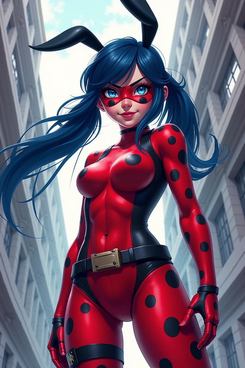 Ladybug with the rabbit and horse miraculous with long blue-black pigtail hair with two blue streaks 