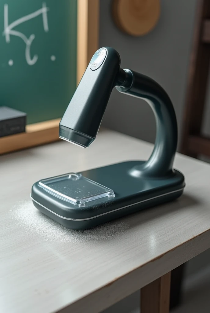 **Shape:** Rectangular with rounded edges.
- **Components:** Eraser head, vacuum intake, clear dust container, ergonomic handle, power button on the side.
- **Functionality:** Erases chalk and vacuums dust simultaneously from black board.