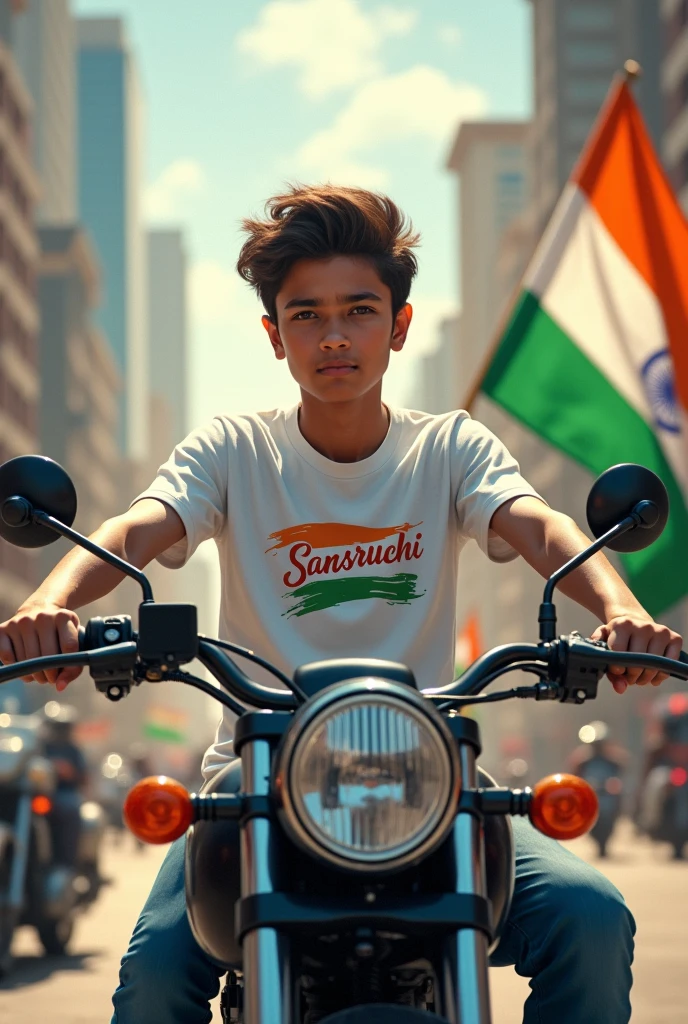 Imagine A boy sitting on bullet holding tiranga name sansruchi on his t shirt