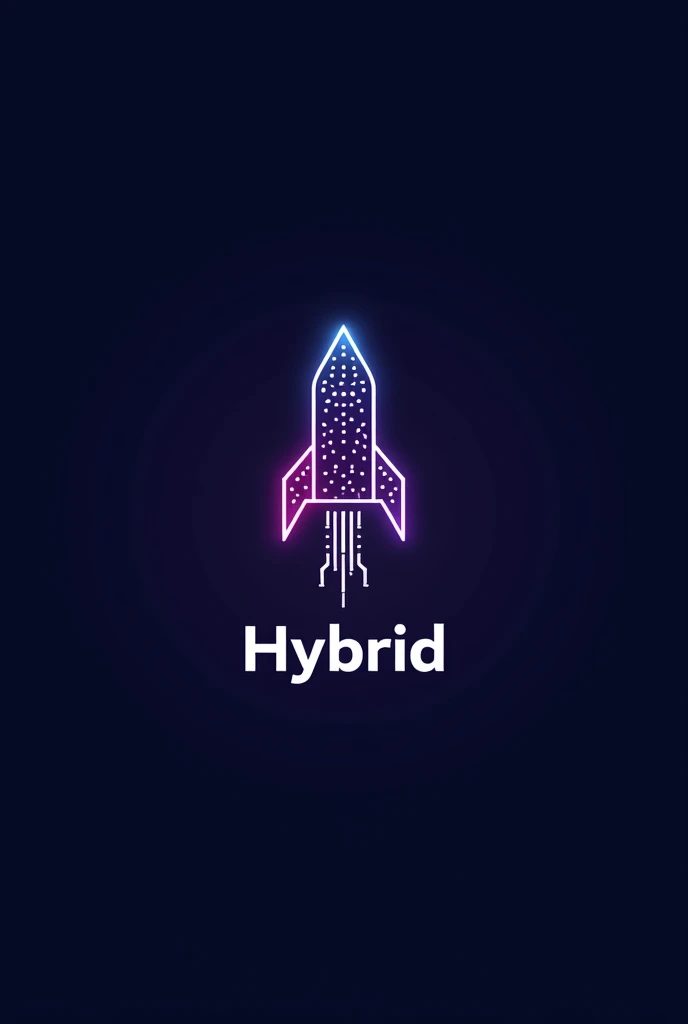 Design a logo for a hybrid mobile app development team. The logo should feature a combination of a rocket ship and a circuit board, symbolizing the fusion of space exploration and technology. Use a gradient color scheme of dark blue and purple, with a touch of white for contrast. The word "Hybrid" should be integrated seamlessly into the design, using a futuristic font.