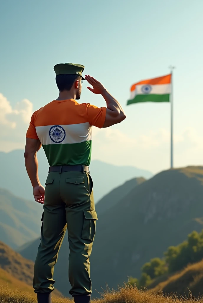 A young bodybuilder Indian  solider with India flag t-shirt saluting the Indian flag  far on hills on front side 