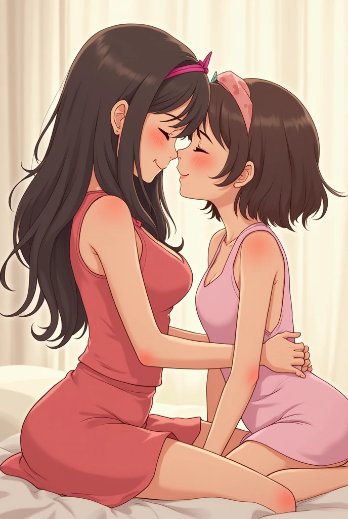 Two women. Woman on woman. momo yaoyorozu, naked, lying on the bed, big breasts, small nipples pissy. Ochako Uraraka, naked, lying on the bed, medium breasts, small nipples, pussy, women fornicating, bedroom, evening