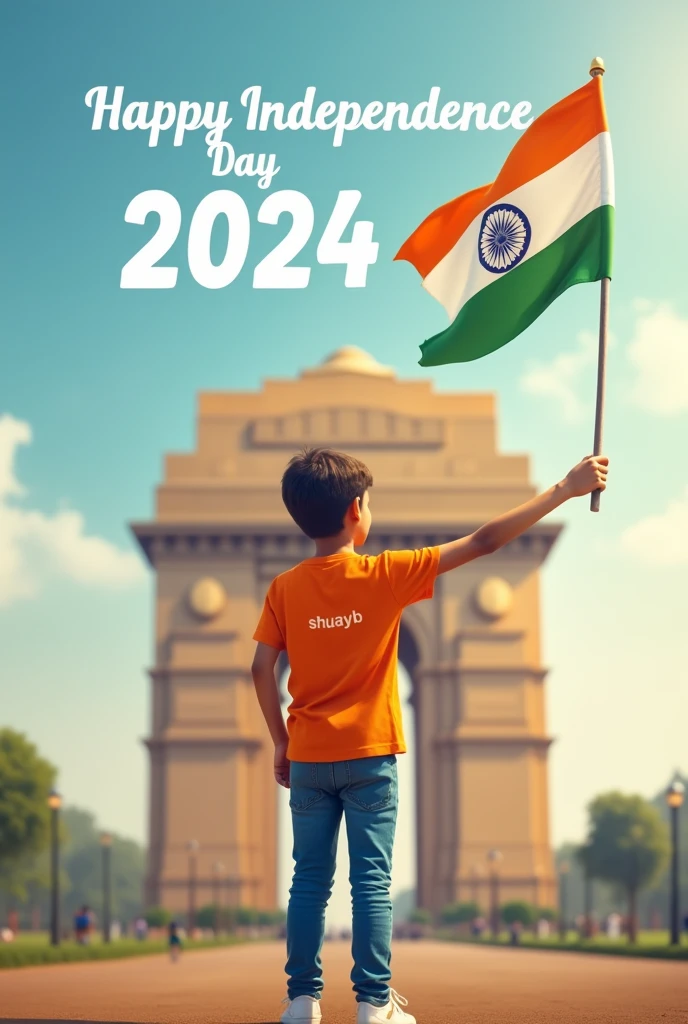 A real 20 years old boy, Wearing Orange T shirt blue jeans sneakers and the name "shuayb" is written on his t-shirt and the boy is standing on the road with holding a national flag of India, and behind him is the India gate Delhi. And "Happy Independence Day 2024" written at above sky Create Realistic image high quality.
