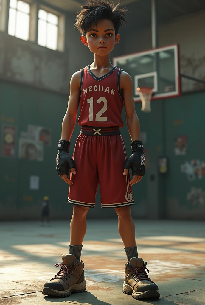 16 year old mexican basketball player wearing fingerless gloves and hiking boots