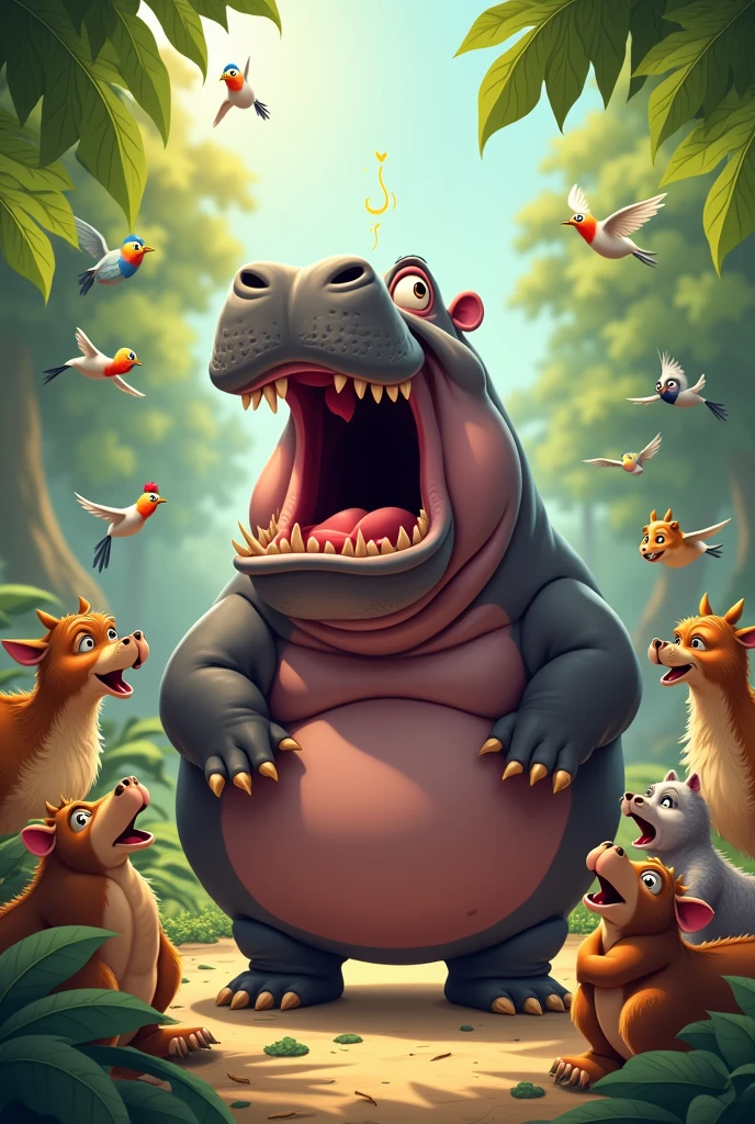 Unfortunately, the hippo could not sing either. Only awful noises came out of his mouth. Other animals around heard the noises and gathered around the hippo. They made fun of him trying to sing like a bird.