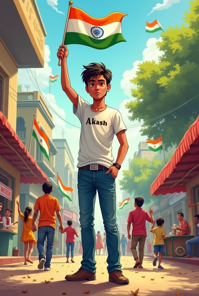 Illustration of an 18-year-old Indian boy standing next to a luxury car, holding the Indian flag high. The background features a colorful Indian street filled with children running with flags, vendors selling sweets, and a group of men chatting at a tea shop. The boy is wearing jeans and a white t-shirt with ‘Akash’ on it, and the text ‘India 15 August`is written in 3D at the top.”