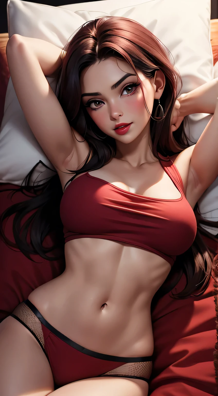 Amazing portrait of a woman who is 30 years old and an adult and a sexy woman who's blushing hard with red makeup and her hands pinned to the side as she's lying on her bed with her head on a pillow facing up as she's pinned to the bed as playful turned sexy with her mouth parted and her eyes looking at lips looking very sexy and hot having a sexy figure wearing a loose t shirt showcasing her midriff and her abs during night time with soft lighting showcasing her red lips and her beautiful face in detail and close up 