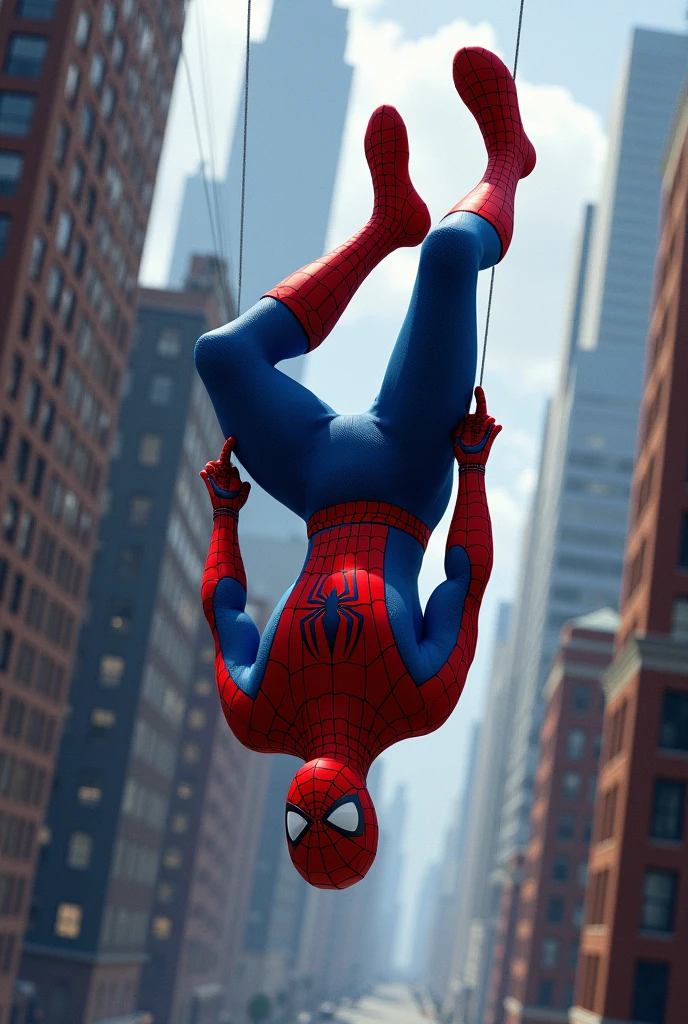 Spiderman in his classic suit, hanging upside down, holding onto his web with one arm 