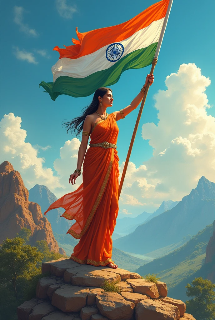 Create unique 15th august related image in which Bharat Mata seen and Tiranga flag carried in her hand 