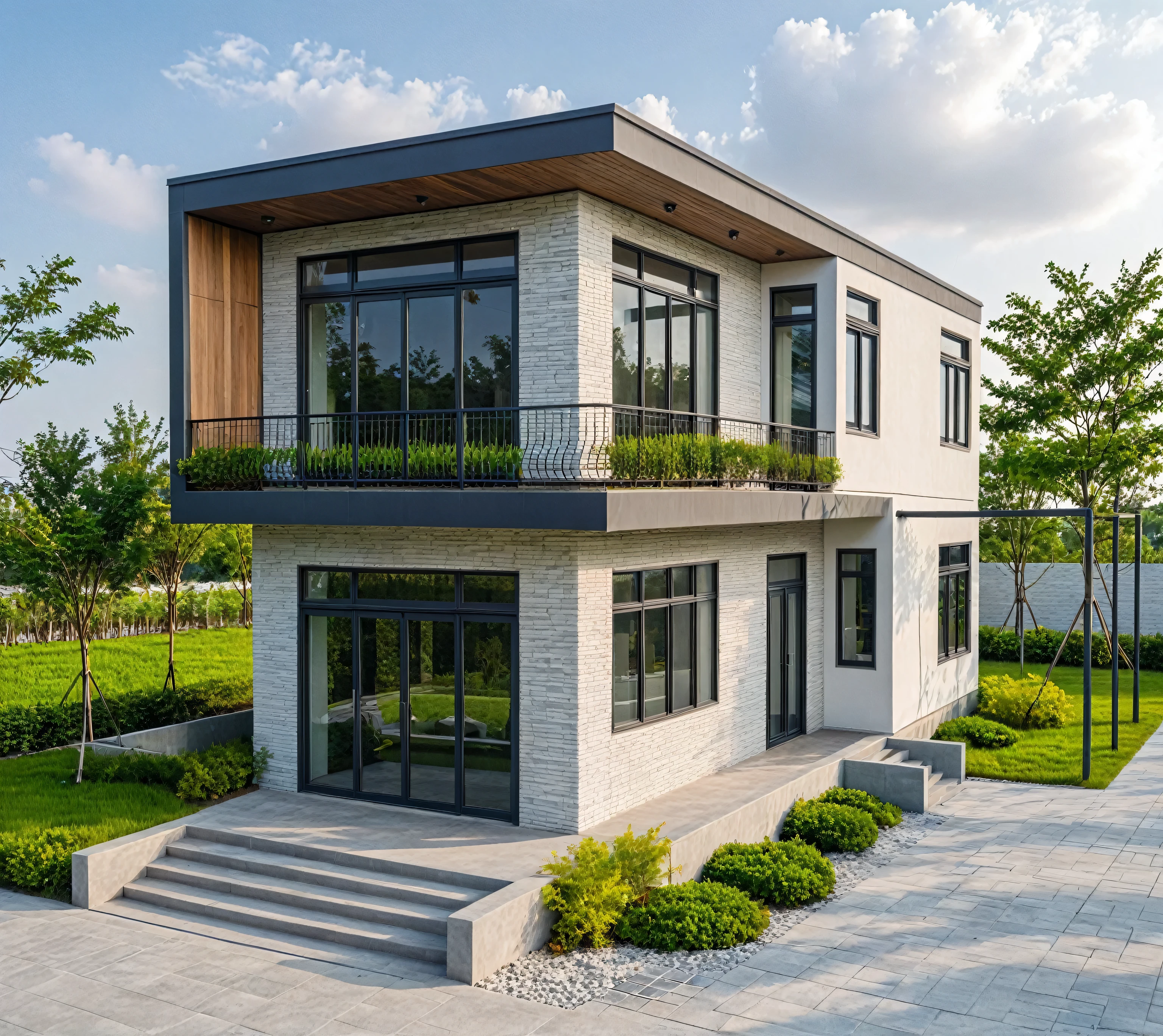 Raw photo, masterpiece, high quality, best quality, realistic, super detailed, outdoor, 2 story house, modern townhouse style, (white wall), wooden ceiling, curved wall facade, door aluminum and glass, luxury furniture, curved planters, natural stone walls, roads, sidewalks, grass, trees, sky, clouds, (daylight):1.1)
