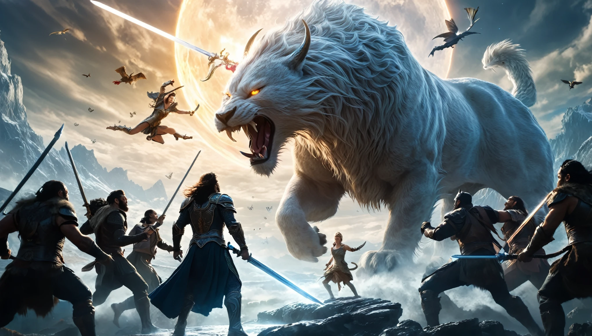 Prompt #2:
An epic battle scene in a different world, the hero at the center wielding a sword that glows with an ethereal light, surrounded by fantastical beasts and allies, mid-action, high tension, Canon EOS R8, wide angle lens, world in the sky